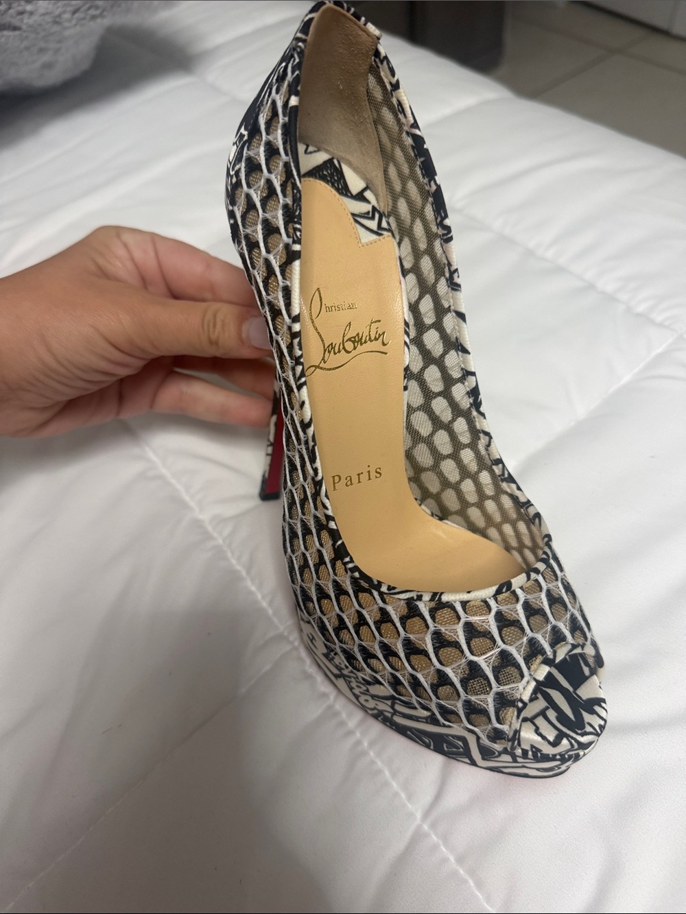 Christian Louboutin Black & White Patterned Peep-Toe Heel